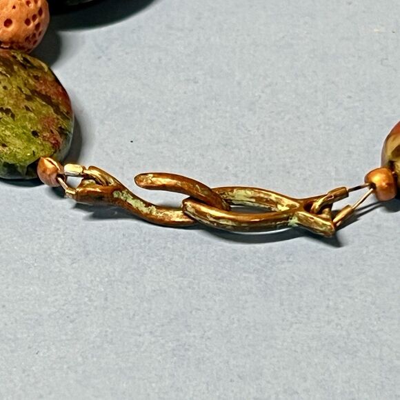 Fancy Jasper And Java Rock Beaded Bracelet Green And Pink 7" Mykonos Fish Hook - Picture 2 of 5